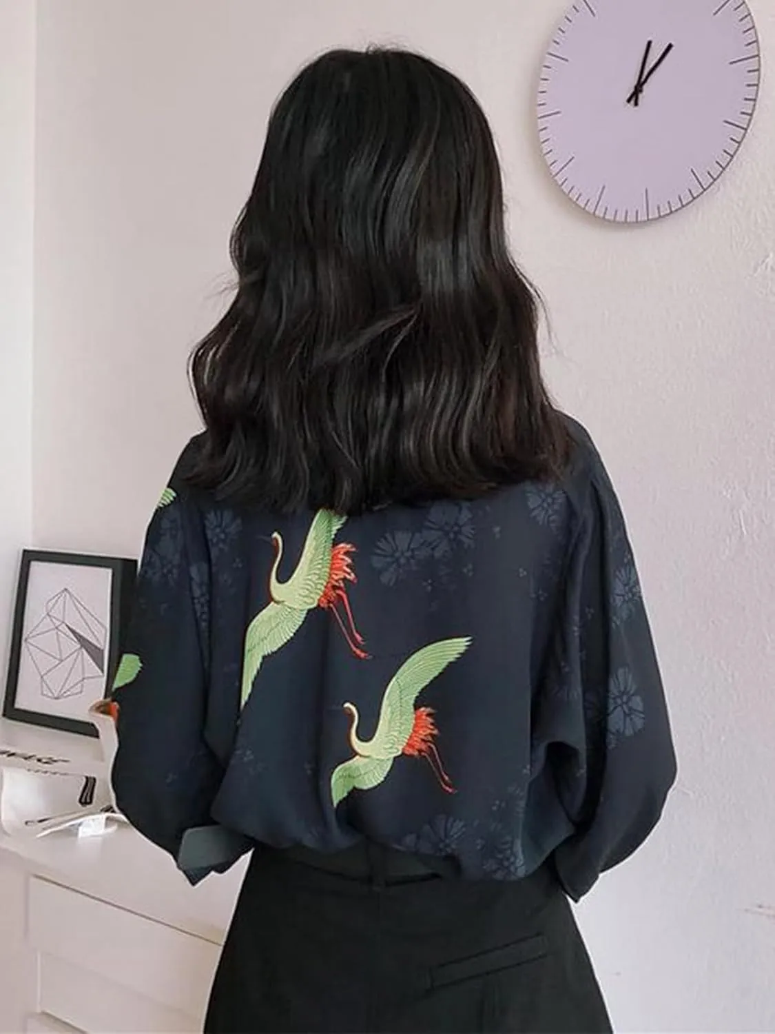 Women's Crane Print Kimono Japanese Female Kawaii Tunic Puff Sleeves Lightweight Cover Up Casual Blouse Cute Tops