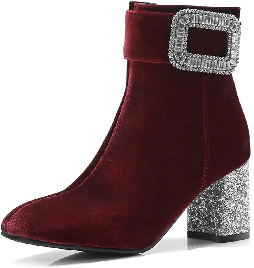 Women's Fashion Glitter Dressy Ankle Boots Square Toe Zipper Chunky High Heel Dress Short Booties
