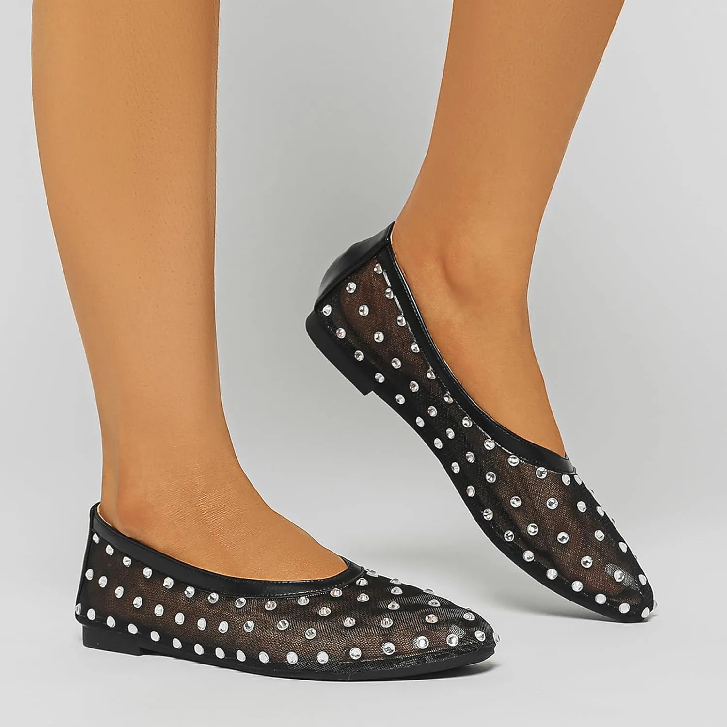 Women's Fashion Shiny Rhinestones Mesh Yarn Flats Ballet Shoes Comfort Breathable Lightweight Slip On Walking Flat Shoes for Dress Wedding Party Prom