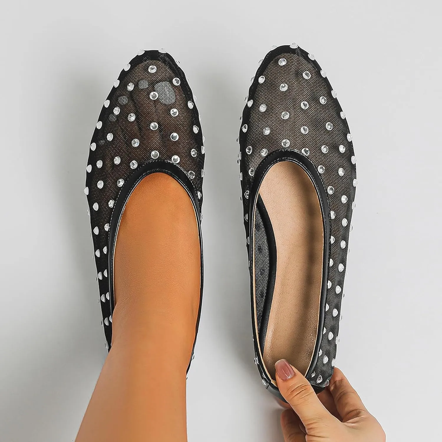 Women's Fashion Shiny Rhinestones Mesh Yarn Flats Ballet Shoes Comfort Breathable Lightweight Slip On Walking Flat Shoes for Dress Wedding Party Prom