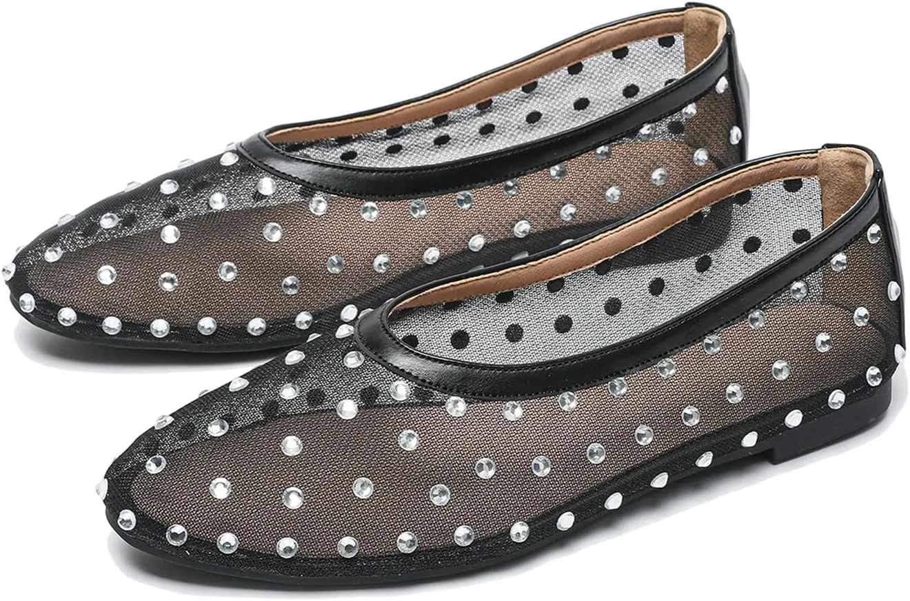 Women's Fashion Shiny Rhinestones Mesh Yarn Flats Ballet Shoes Comfort Breathable Lightweight Slip On Walking Flat Shoes for Dress Wedding Party Prom
