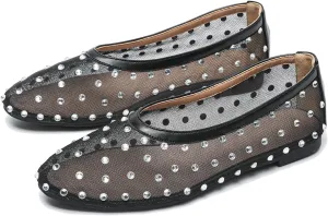 Women's Fashion Shiny Rhinestones Mesh Yarn Flats Ballet Shoes Comfort Breathable Lightweight Slip On Walking Flat Shoes for Dress Wedding Party Prom