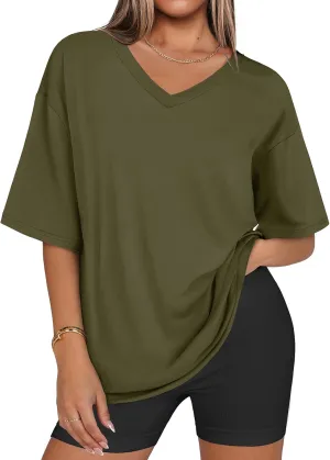 Womens Fashion Workout T Shirts Athletic Oversized Tops Summer Trendy Clothes Short Sleeve V Neck Tunic 2025