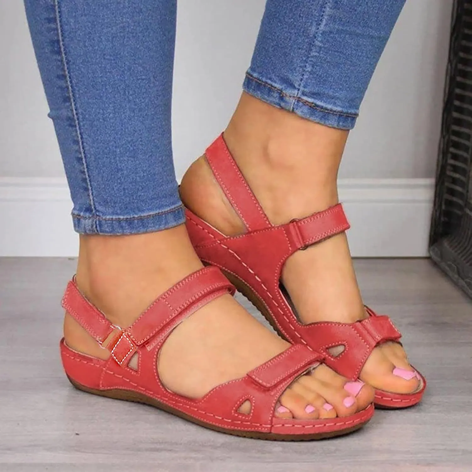 Women’s Flat Sandals Comfortable Open Toe Elastic Ankle Strap Slip on Comfy Low Wedge Sandals Slingback Walking Sandals