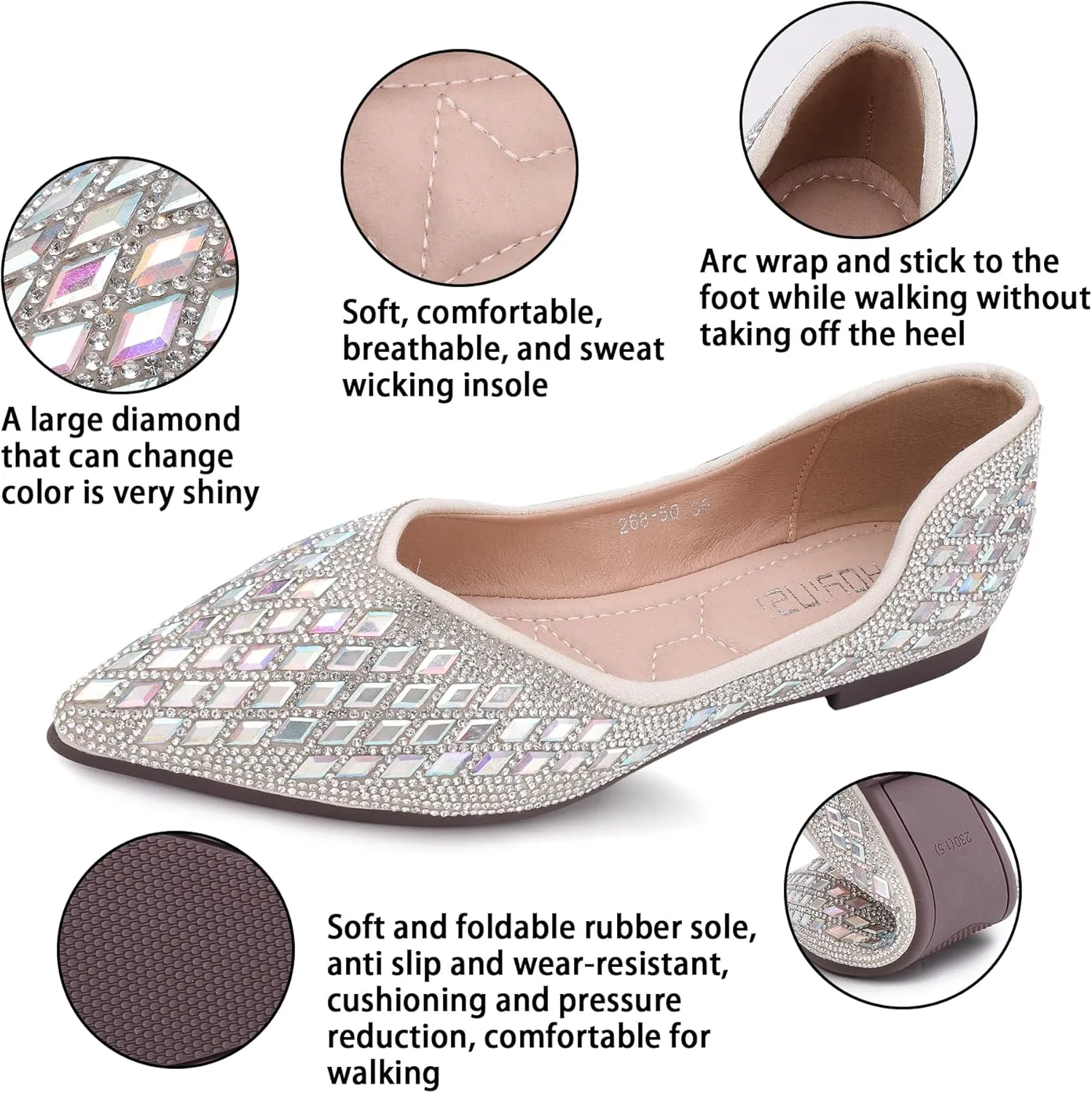 Women's Flats Rhinestone Wedding Pointed Shoes Sparkly Comfortable Slip on Flat for Dressy or Casual
