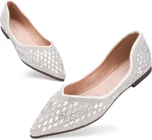 Women's Flats Rhinestone Wedding Pointed Shoes Sparkly Comfortable Slip on Flat for Dressy or Casual