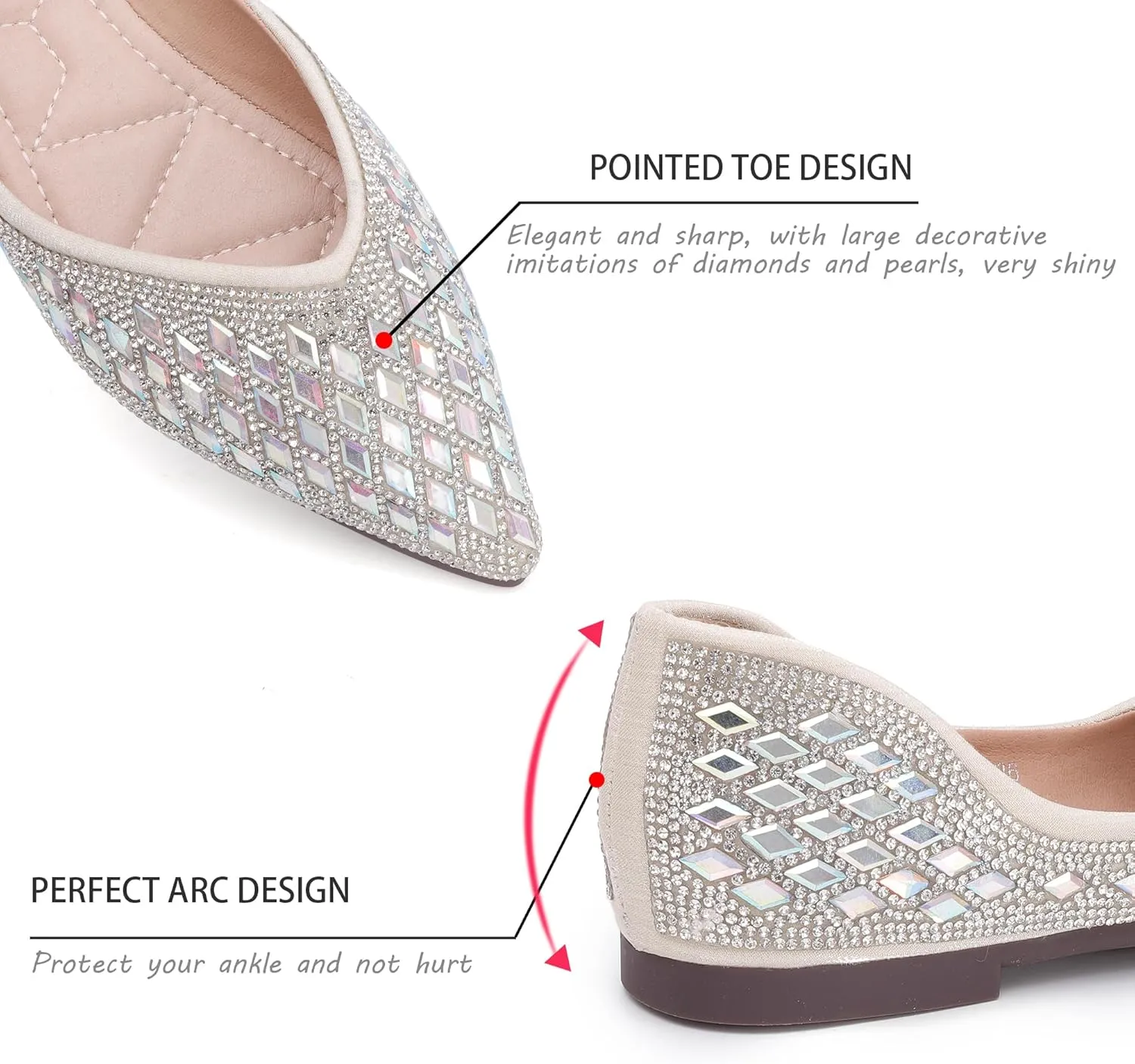 Women's Flats Rhinestone Wedding Pointed Shoes Sparkly Comfortable Slip on Flat for Dressy or Casual
