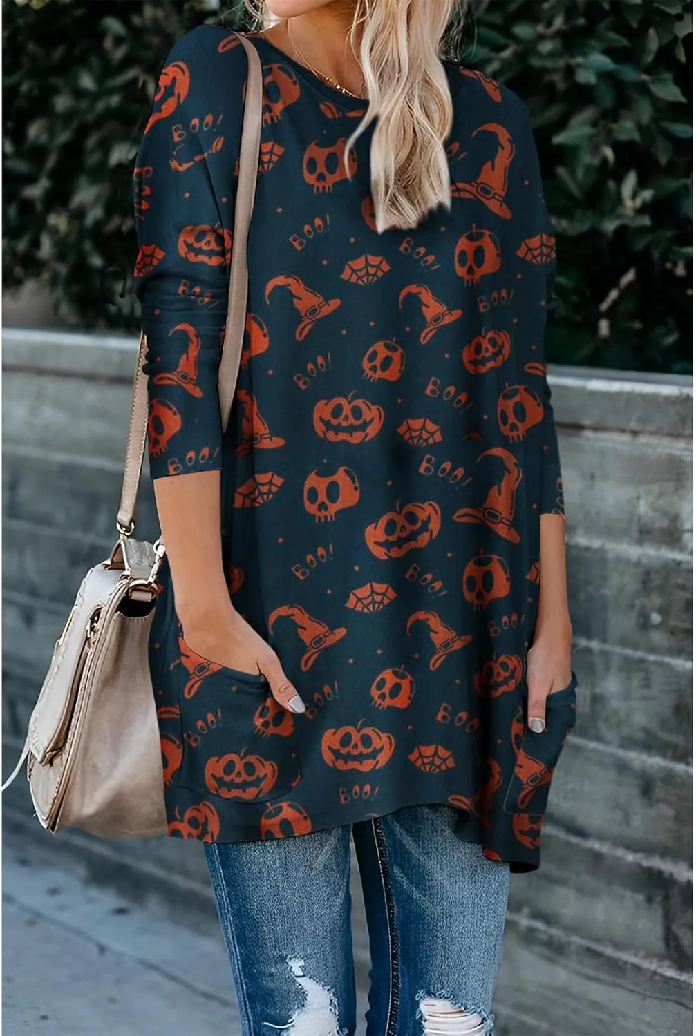Womens Halloween Crewneck Sweatshirts Pumpkin Long Sleeve Pullover Tops Vintage Oversized Shirt Blouse Clothes
