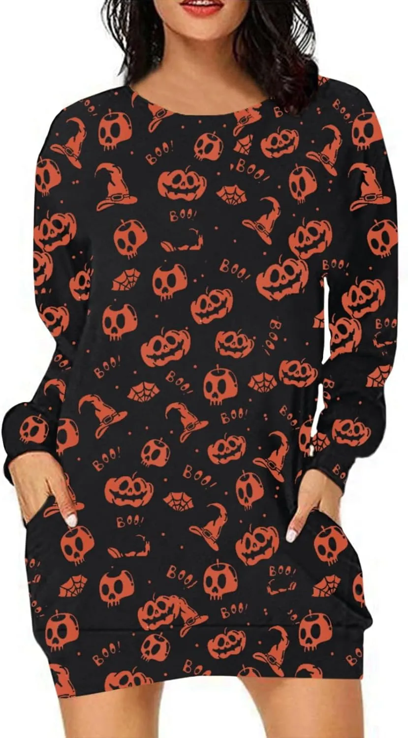 Womens Halloween Crewneck Sweatshirts Pumpkin Long Sleeve Pullover Tops Vintage Oversized Shirt Blouse Clothes