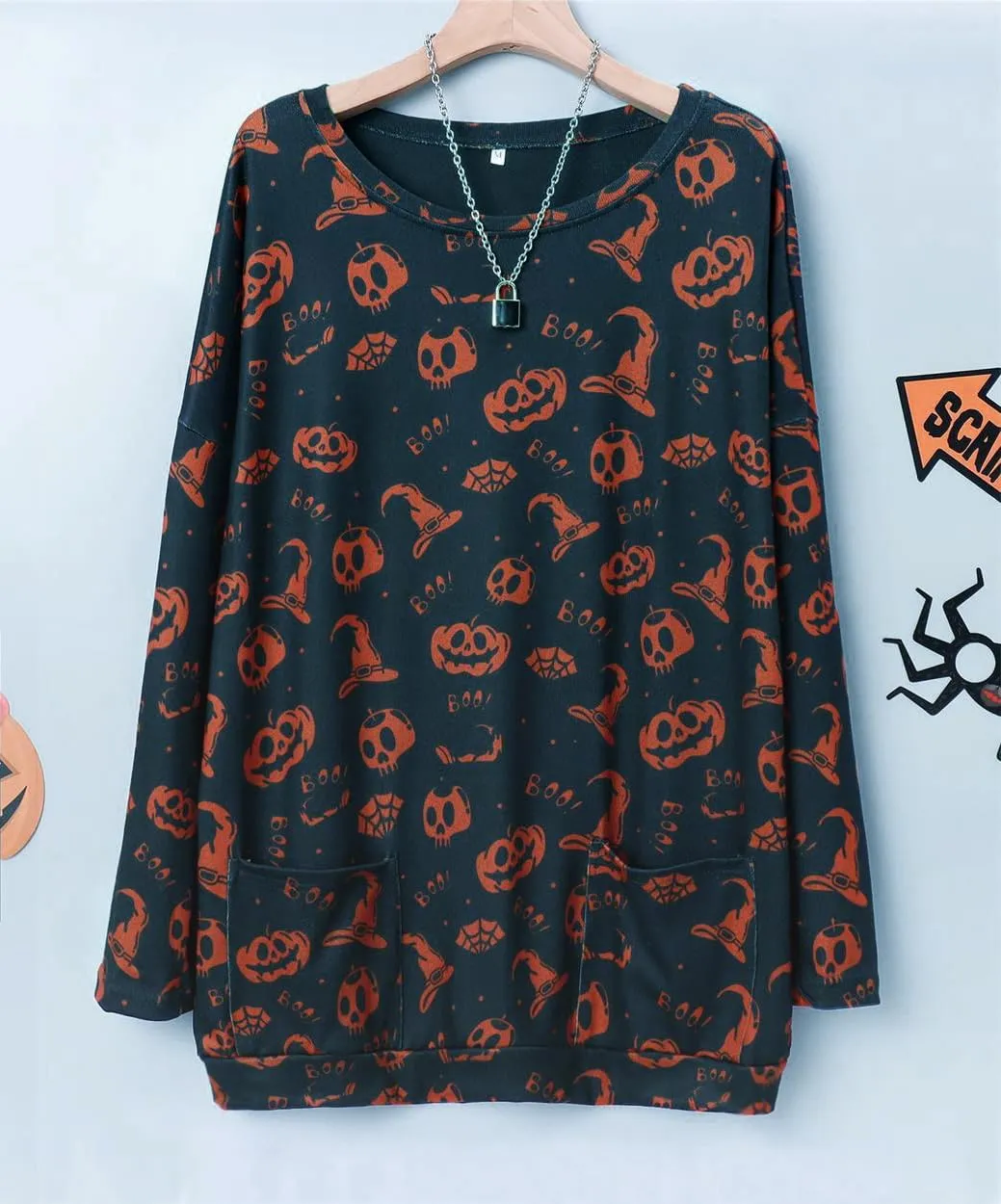 Womens Halloween Crewneck Sweatshirts Pumpkin Long Sleeve Pullover Tops Vintage Oversized Shirt Blouse Clothes