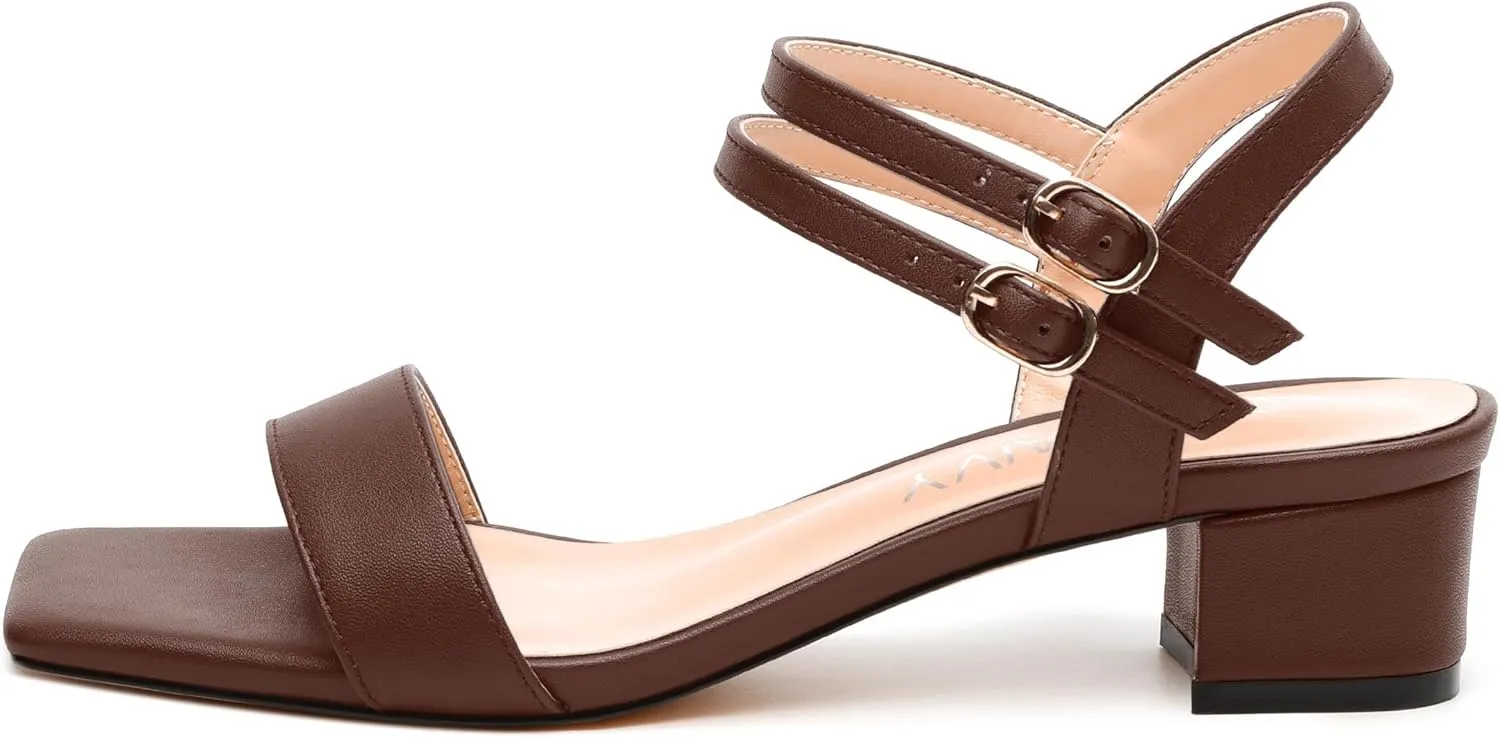 Women's Heeled Sandals, Open Square Toe Chunky Heels, Ankle Strap with Buckle Fashion Solid Color Casual Sandals for Daily Wear