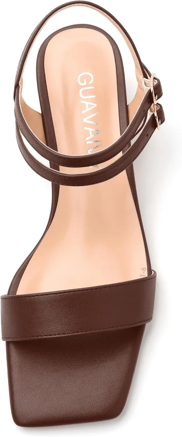 Women's Heeled Sandals, Open Square Toe Chunky Heels, Ankle Strap with Buckle Fashion Solid Color Casual Sandals for Daily Wear