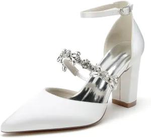 Women's High Chunky Wedding Shoes Block Heels Crystal Pump Sandals Wedding Party Pumps Shoes