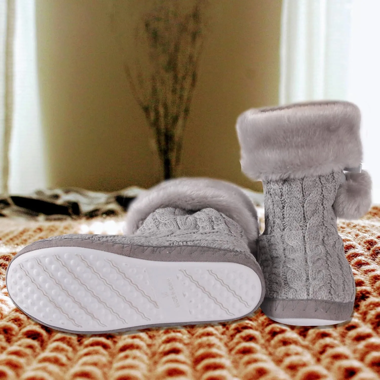 Women's Knit Slippers Indoor Warm Fluffy Home Bootie Slippers Anti-Slip House Shoes with Cute Pom Poms Soft Cozy Ankle Boots for Women