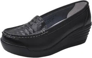 Women's Leather Breathable Wedge Heel Nurse Loafers Comfortable Round Toe Platform Non-Slip Hollow Breathable Slip-On Work Shoes Mother Shoes