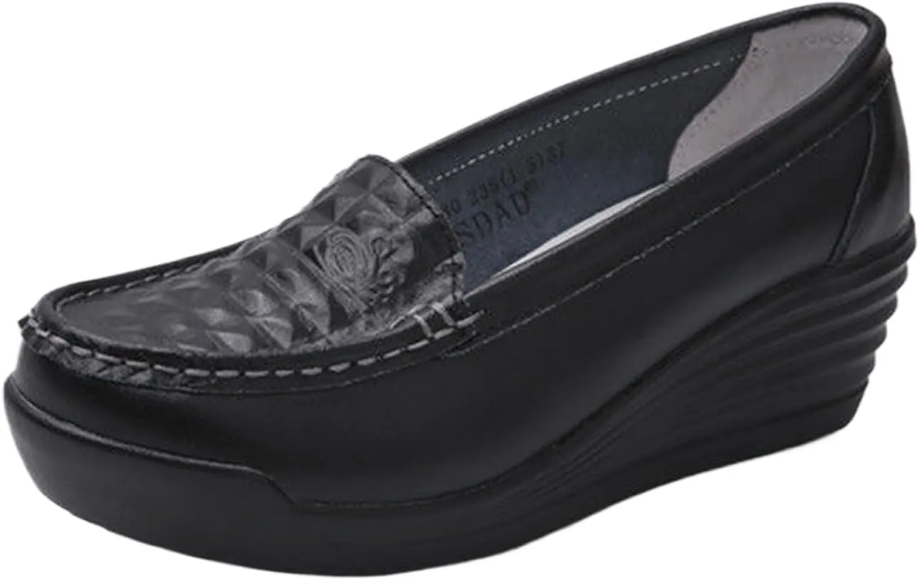Women's Leather Breathable Wedge Heel Nurse Loafers Comfortable Round Toe Platform Non-Slip Hollow Breathable Slip-On Work Shoes Mother Shoes