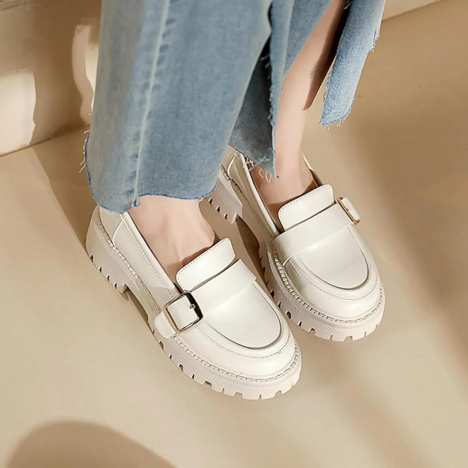 Women's Leather Chunky Heel Loafers Fashion Monk Strap Buckle Decorate Comfort Slip-On Round Toe Platform Lug Sole Work Business Penny Loafer for Office Uniform