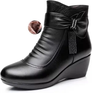 Women'S Leather Wedge Heel Casual Ankle Boots With Side Zipper Winter Warm Plush Fashion Bow Comfortable Round Toe Mom Boots Suitable For Walking Work Boots