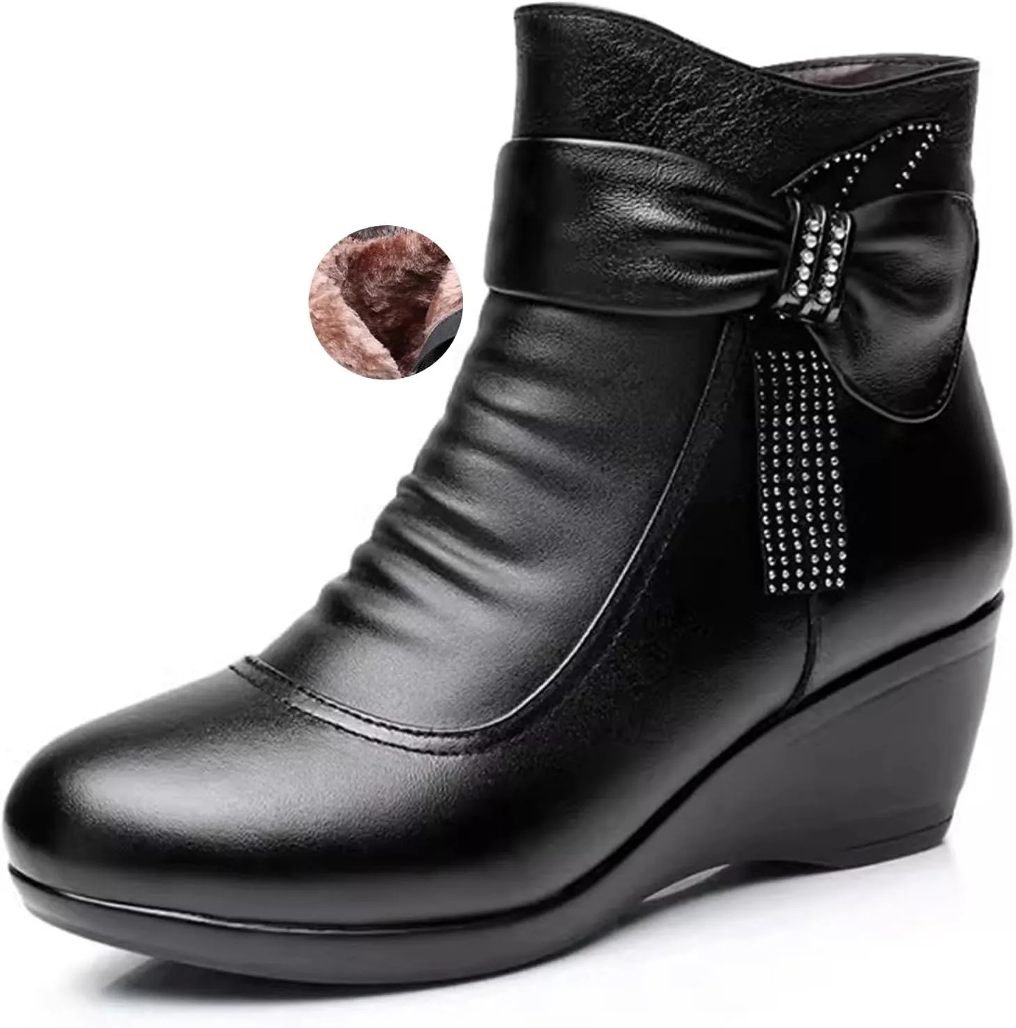 Women'S Leather Wedge Heel Casual Ankle Boots With Side Zipper Winter Warm Plush Fashion Bow Comfortable Round Toe Mom Boots Suitable For Walking Work Boots