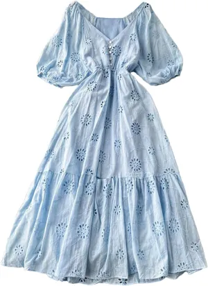 Women's Long Dress Classic Embroidery V-Neck Hollow-Out Solid Buttons Decoration Slim Vestidos