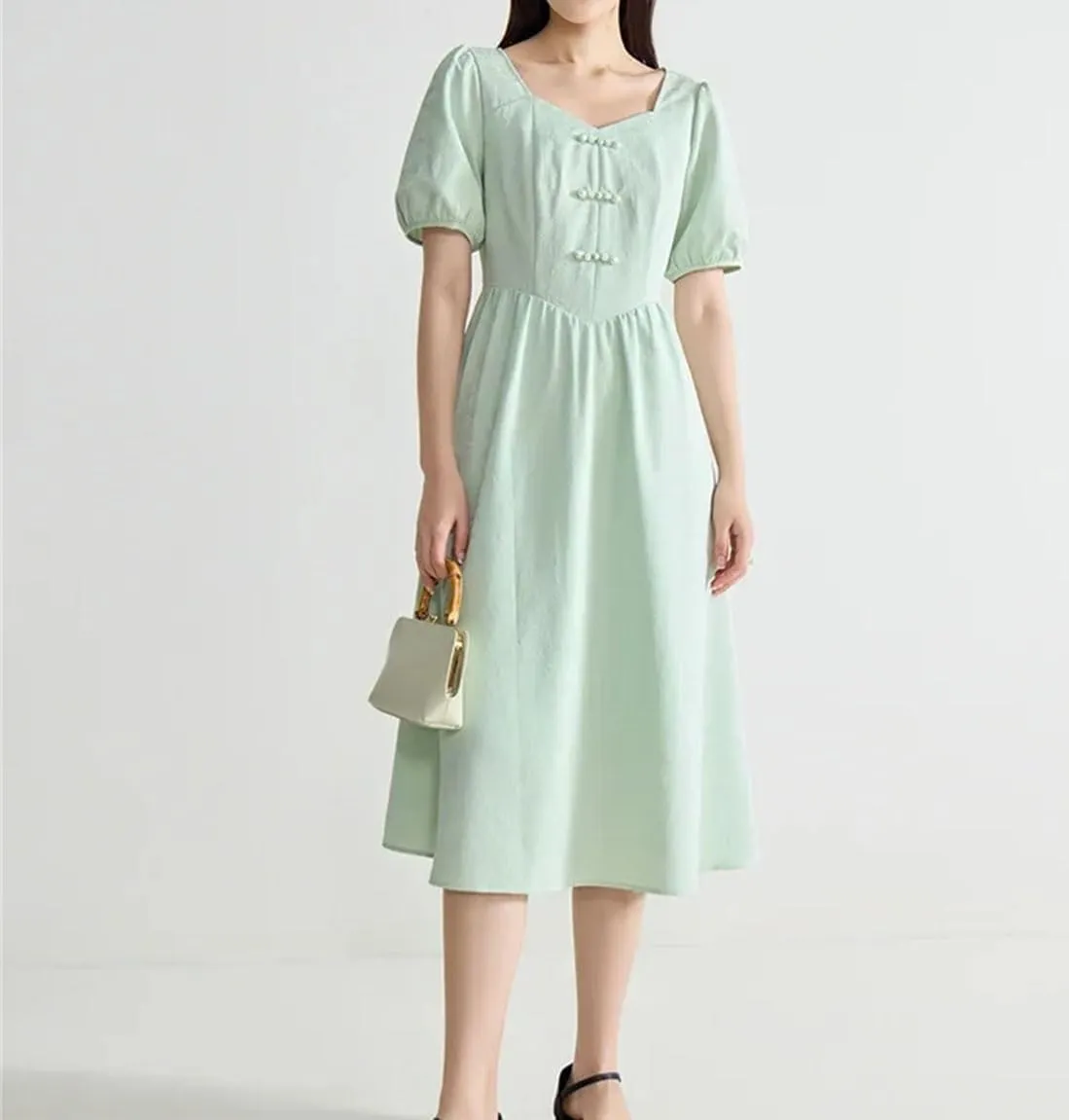 Women's Long Dress Classic Splicing Button Up Pleated High Waisted Short Sleeve Vestidos