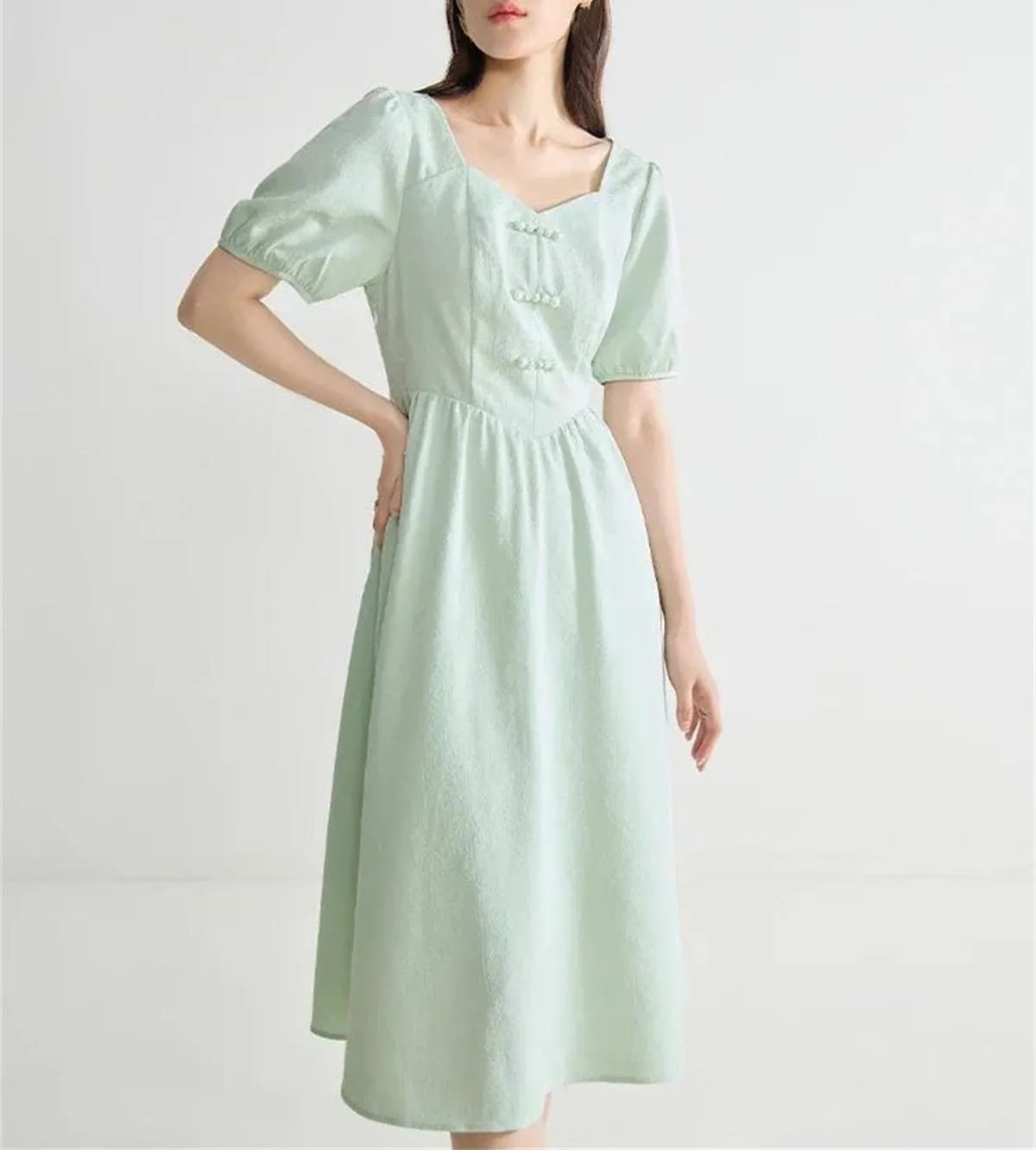 Women's Long Dress Classic Splicing Button Up Pleated High Waisted Short Sleeve Vestidos