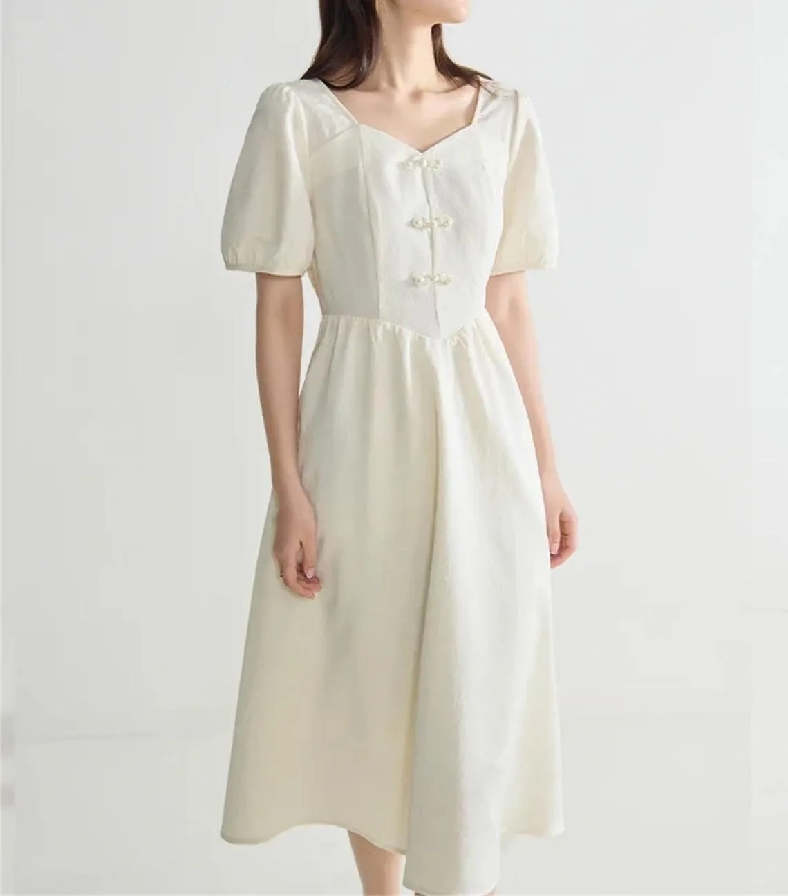 Women's Long Dress Classic Splicing Button Up Pleated High Waisted Short Sleeve Vestidos