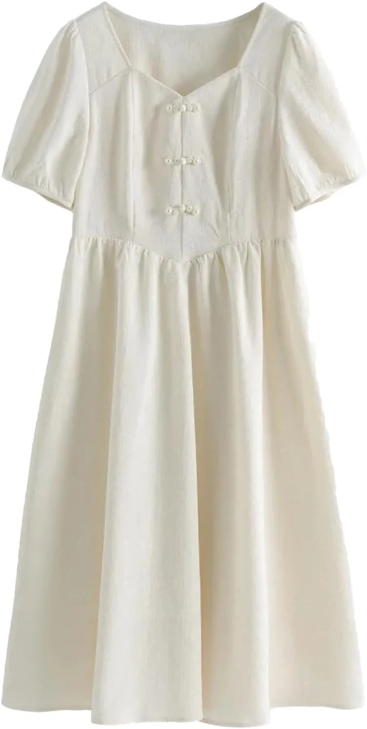 Women's Long Dress Classic Splicing Button Up Pleated High Waisted Short Sleeve Vestidos