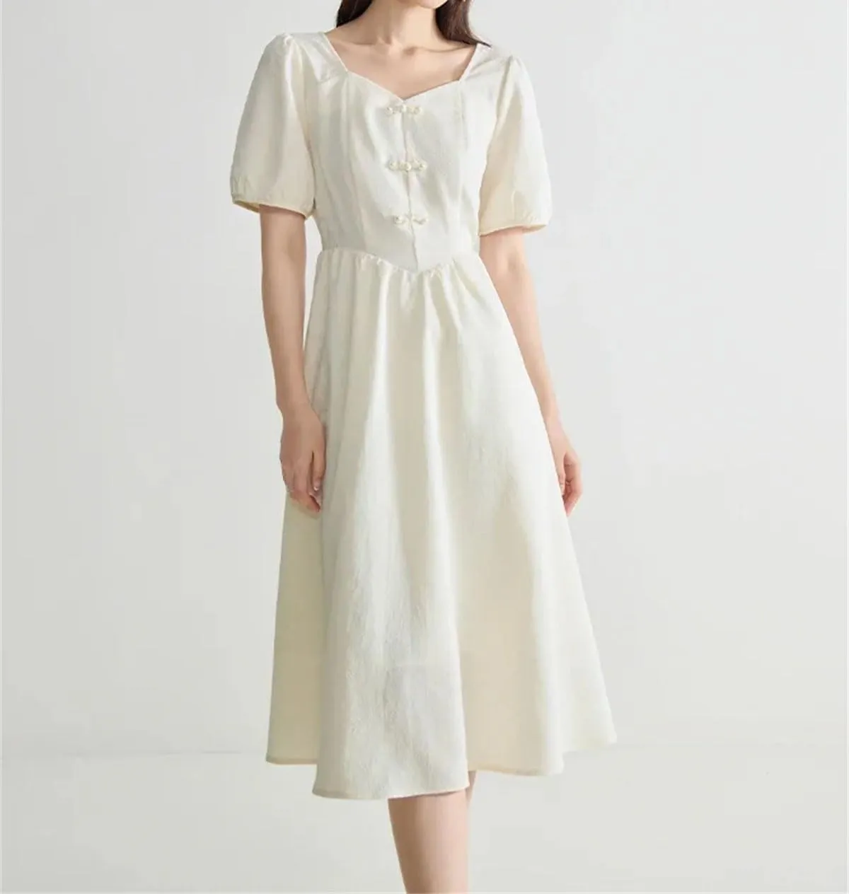 Women's Long Dress Classic Splicing Button Up Pleated High Waisted Short Sleeve Vestidos