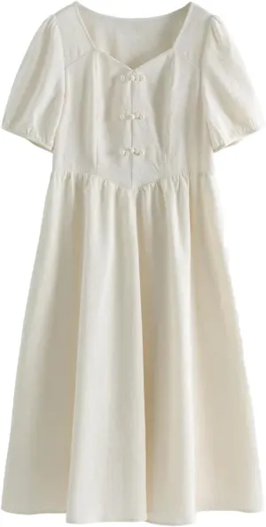 Women's Long Dress Classic Splicing Button Up Pleated High Waisted Short Sleeve Vestidos
