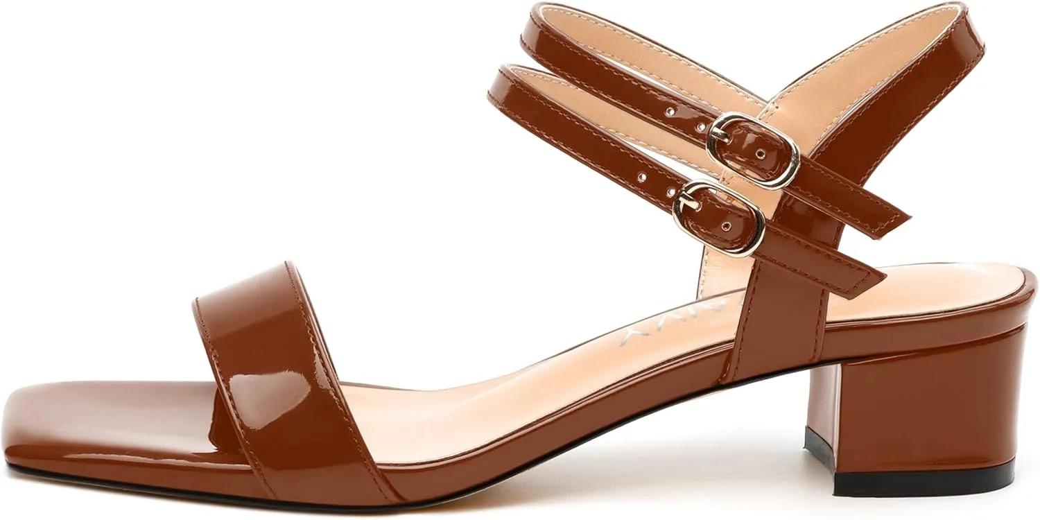 Women's Low Heel Sandals - Open Square Toe with Adjustable Ankle Strap, Solid Color Casual Heeled Sandals for Work & Daily Outings