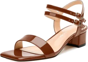 Women's Low Heel Sandals - Open Square Toe with Adjustable Ankle Strap, Solid Color Casual Heeled Sandals for Work & Daily Outings