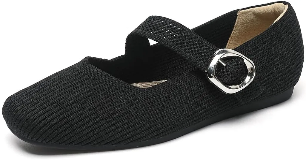 Women's Mary Jane Flats Comfortable Dressy Ballet Flats Casual Square-Toe Slip On Knitted Mesh Shoes Washablel,Model XTZ2024-1