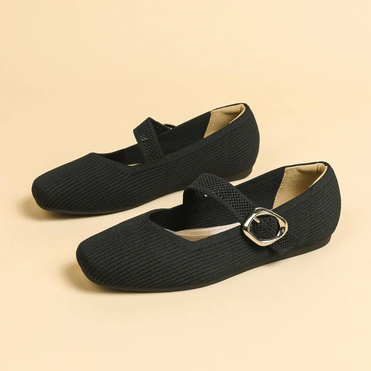 Women's Mary Jane Flats Comfortable Dressy Ballet Flats Casual Square-Toe Slip On Knitted Mesh Shoes Washablel,Model XTZ2024-1