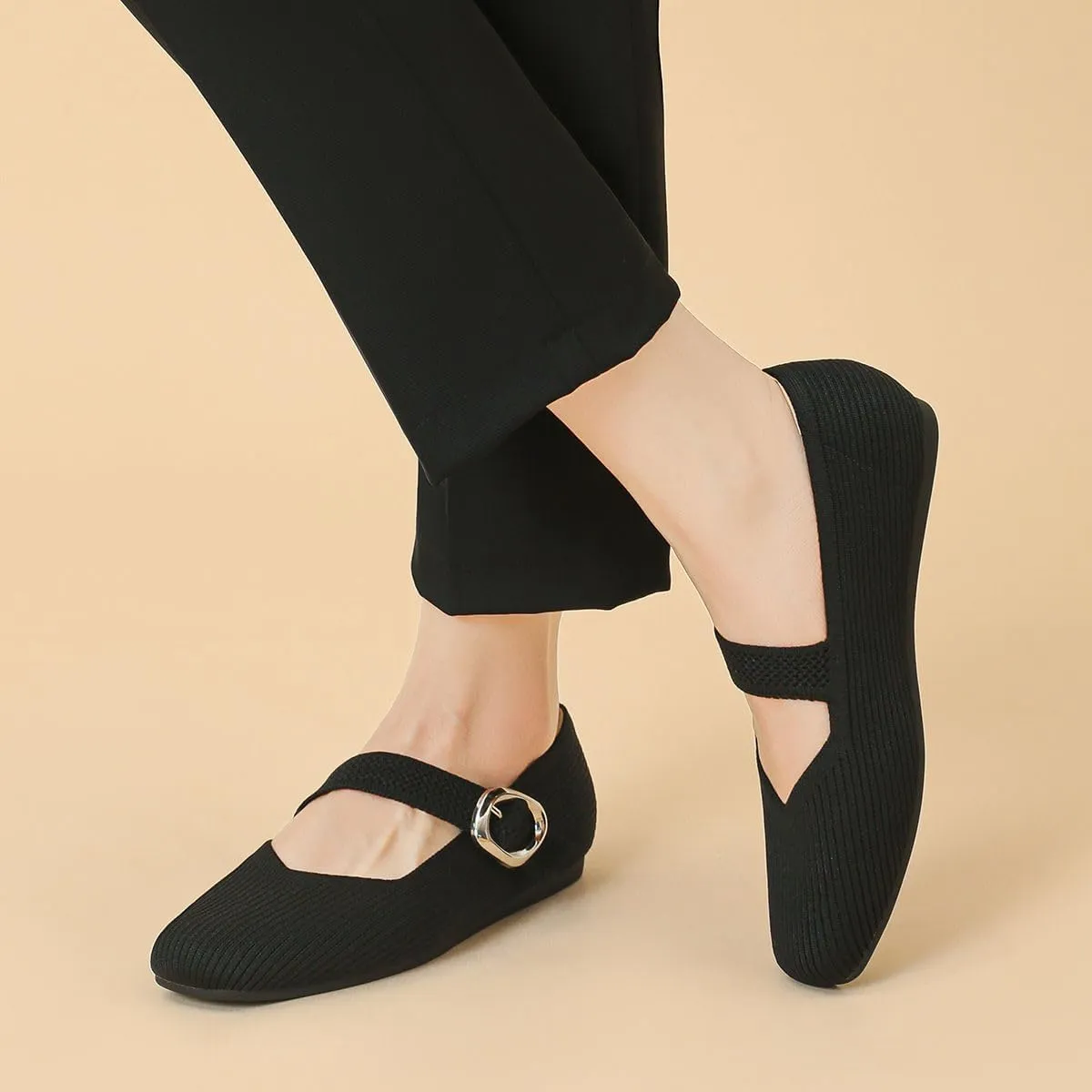 Women's Mary Jane Flats Comfortable Dressy Ballet Flats Casual Square-Toe Slip On Knitted Mesh Shoes Washablel,Model XTZ2024-1