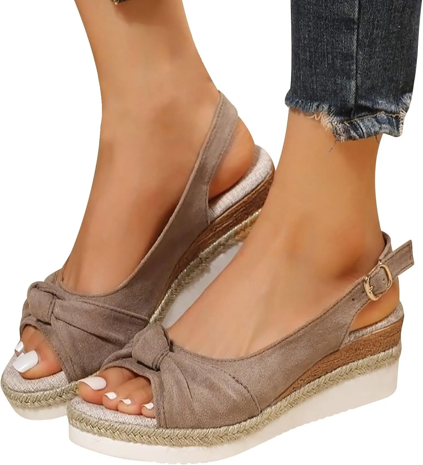 Women's New Large Size Suede Cord Bow Wedge Casual Sandals