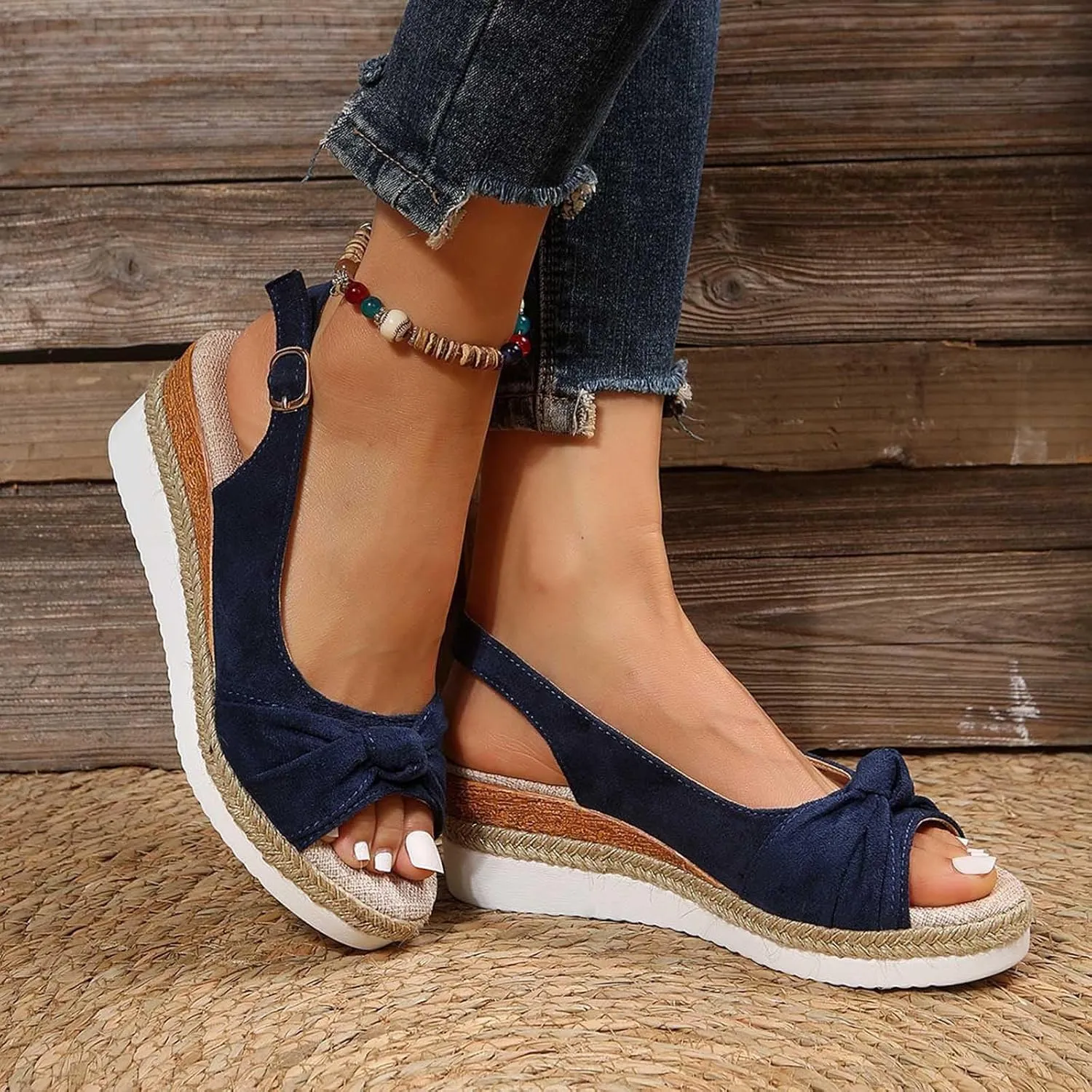 Women's New Large Size Suede Cord Bow Wedge Casual Sandals