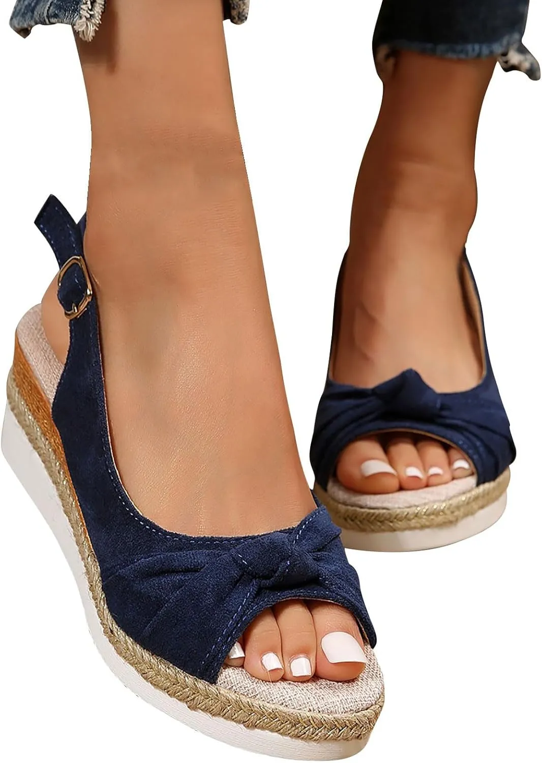 Women's New Large Size Suede Cord Bow Wedge Casual Sandals