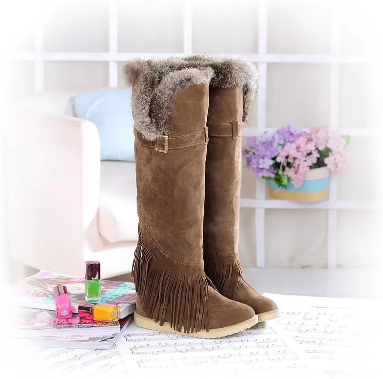 Women’s Over-the-Knee Faux Suede Tassel Boots, Warm Lined, Flat Sole Slip-On Winter Shoes