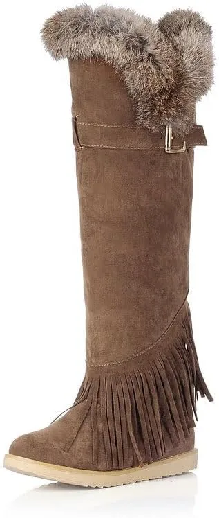 Women’s Over-the-Knee Faux Suede Tassel Boots, Warm Lined, Flat Sole Slip-On Winter Shoes
