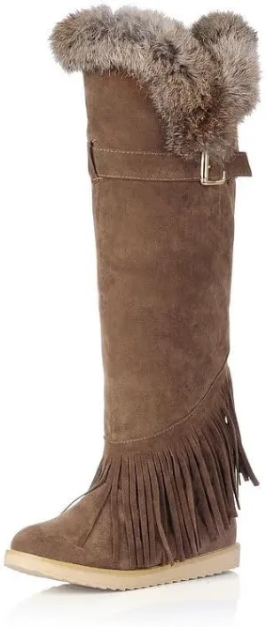 Women’s Over-the-Knee Faux Suede Tassel Boots, Warm Lined, Flat Sole Slip-On Winter Shoes