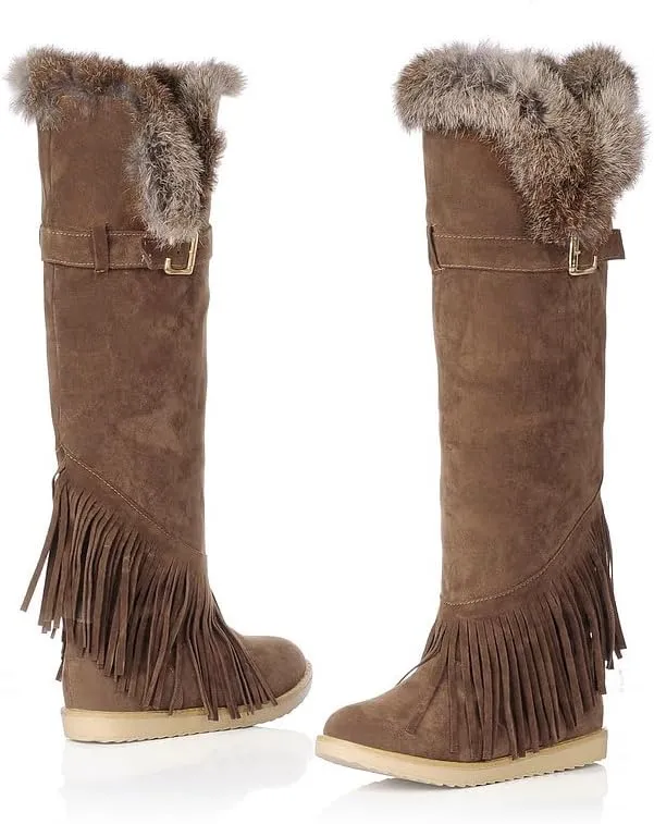 Women’s Over-the-Knee Faux Suede Tassel Boots, Warm Lined, Flat Sole Slip-On Winter Shoes