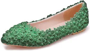 Women's Pearl Lace Slip-On Ballet Flats Pointed Toe Pumps Breathable Comfortable Dress Wedding Shoes for Party Evening Dating