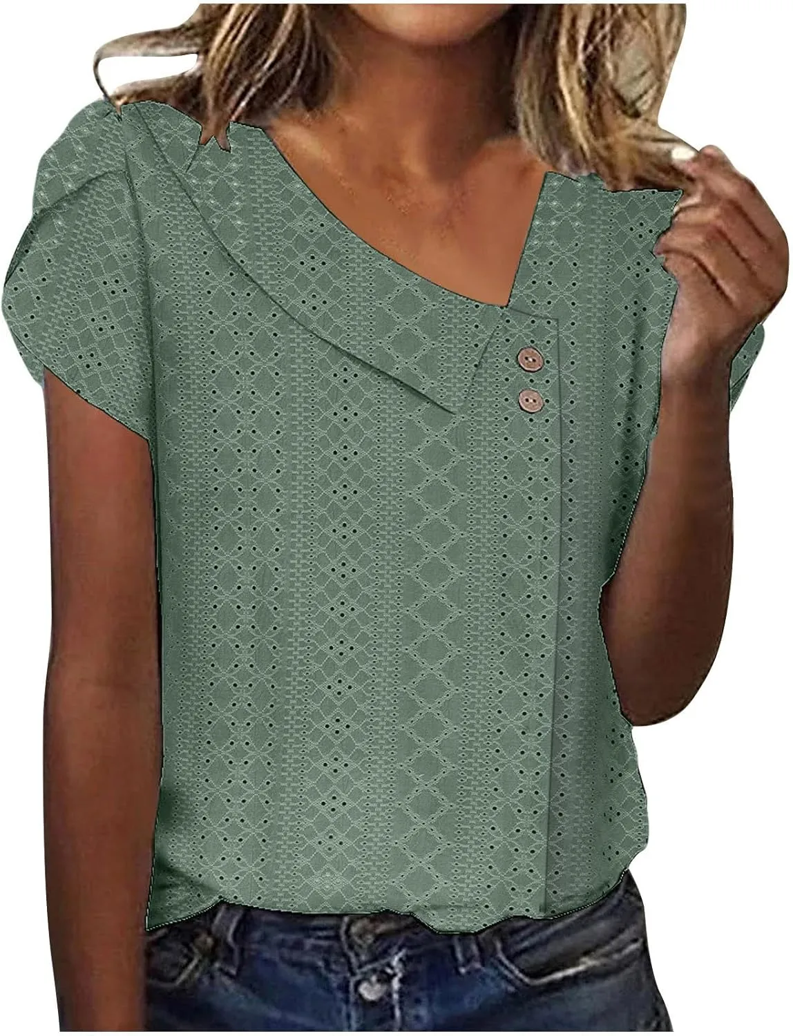 Women's Petal Short Sleeve Blouses Solid Color Button Asymmetrical Neck Shirts Cute Eyelet Tops Fashion Classic Tees