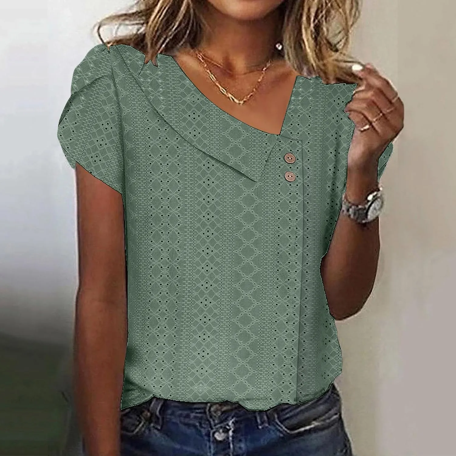 Women's Petal Short Sleeve Blouses Solid Color Button Asymmetrical Neck Shirts Cute Eyelet Tops Fashion Classic Tees