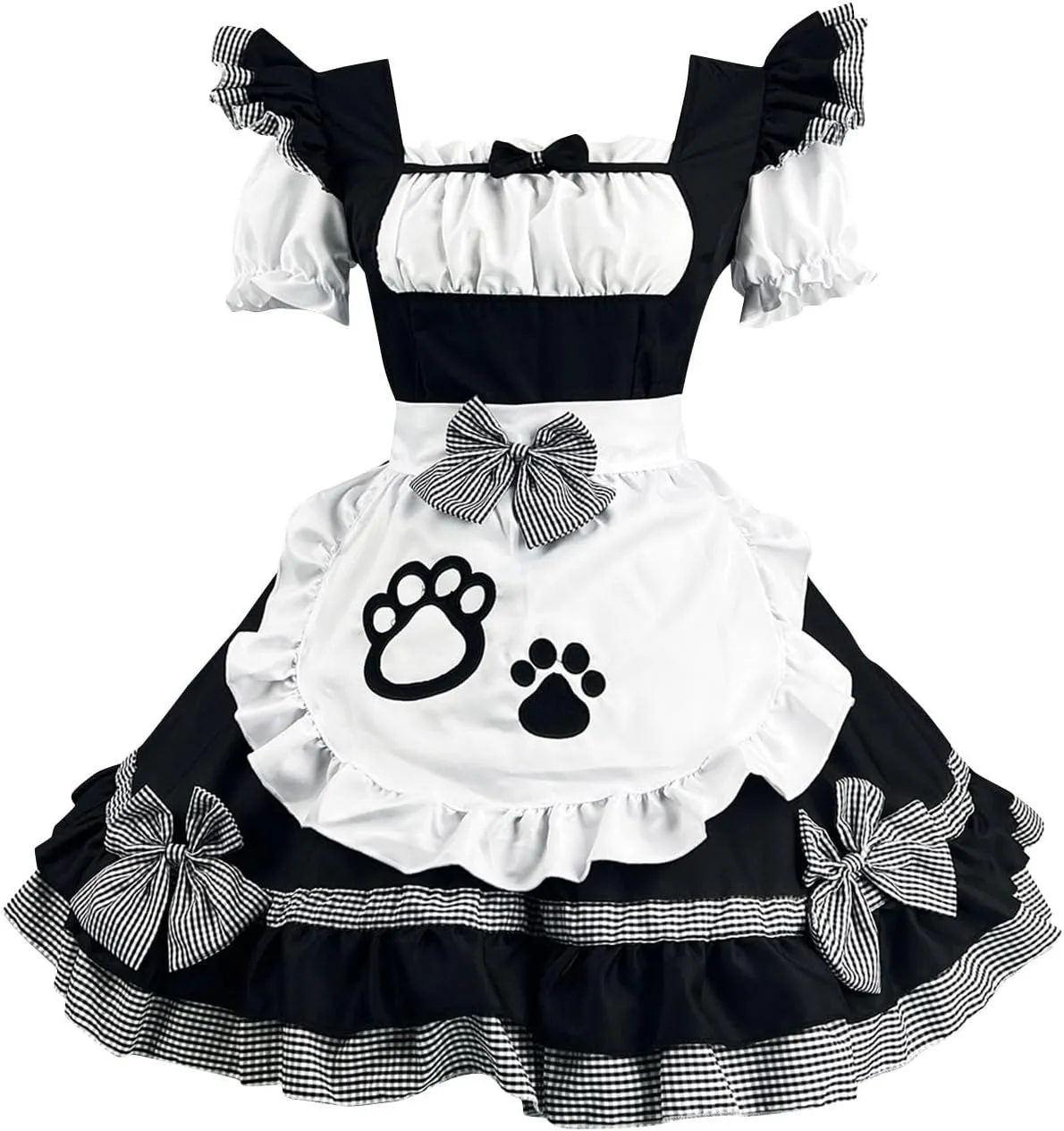 Womens Plus Size Maid Outfits Cat Paw Anime Cosplay Pleated Maid Dress Kawaii Lolita Costume with Necklace and Apron