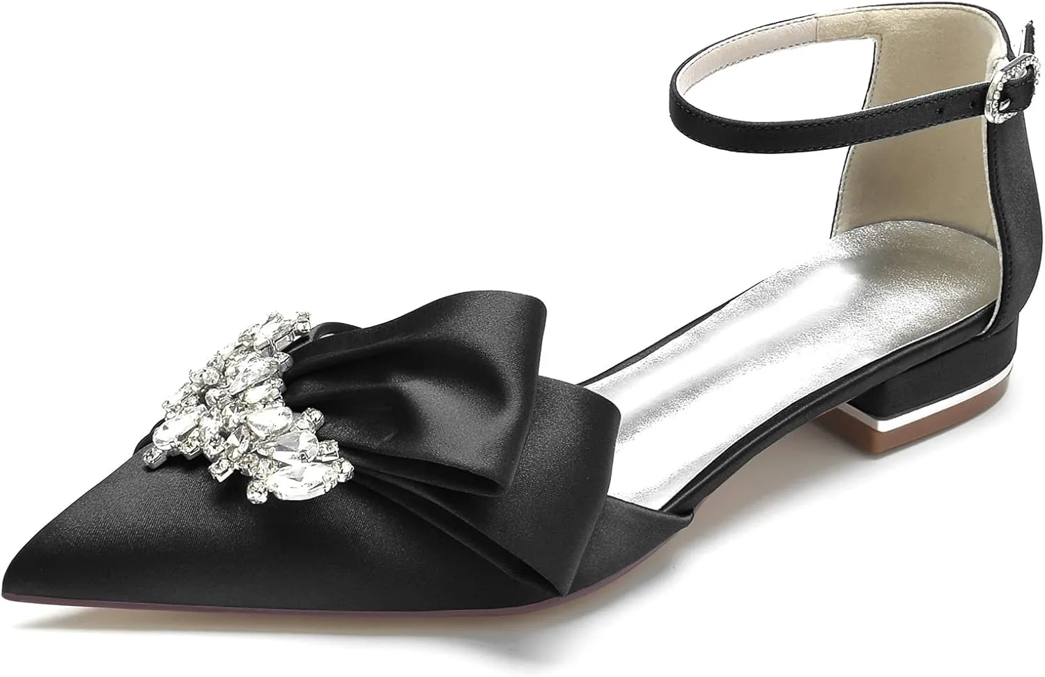 Women's Pointed Toe Flats Bridal Pumps Cryatal Satin Wedding Flats for Bride Prom Evening Bridal Party Dress Flats