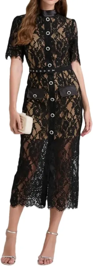 Women's Short-Sleeved Lace Hollow Dress, Mid-Length Front Slit Tight Skirt