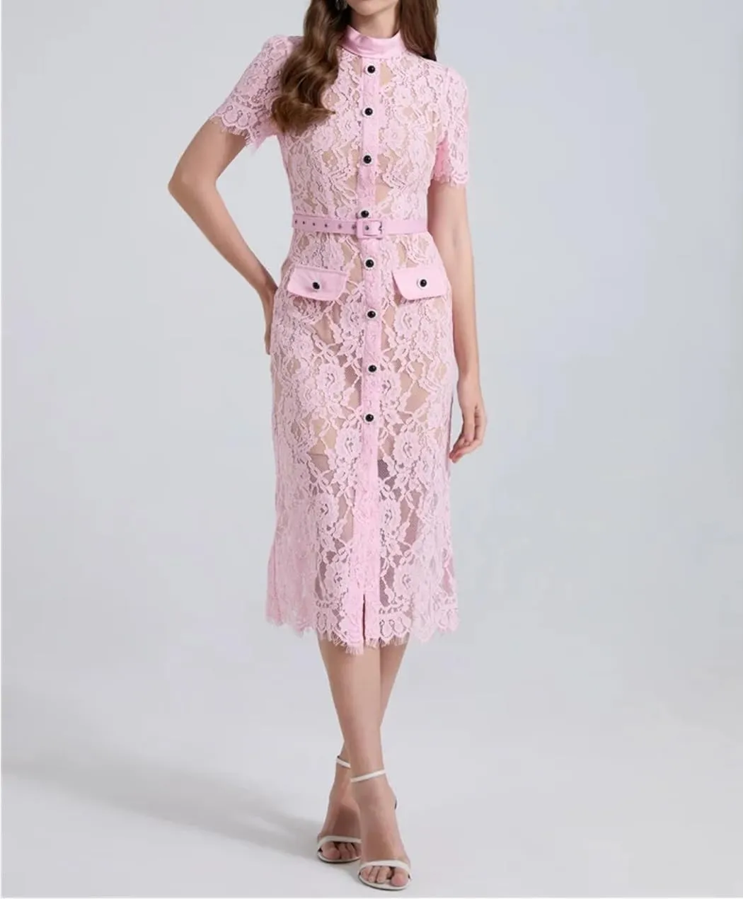 Women's Short-Sleeved Lace Hollow Dress, Mid-Length Front Slit Tight Skirt