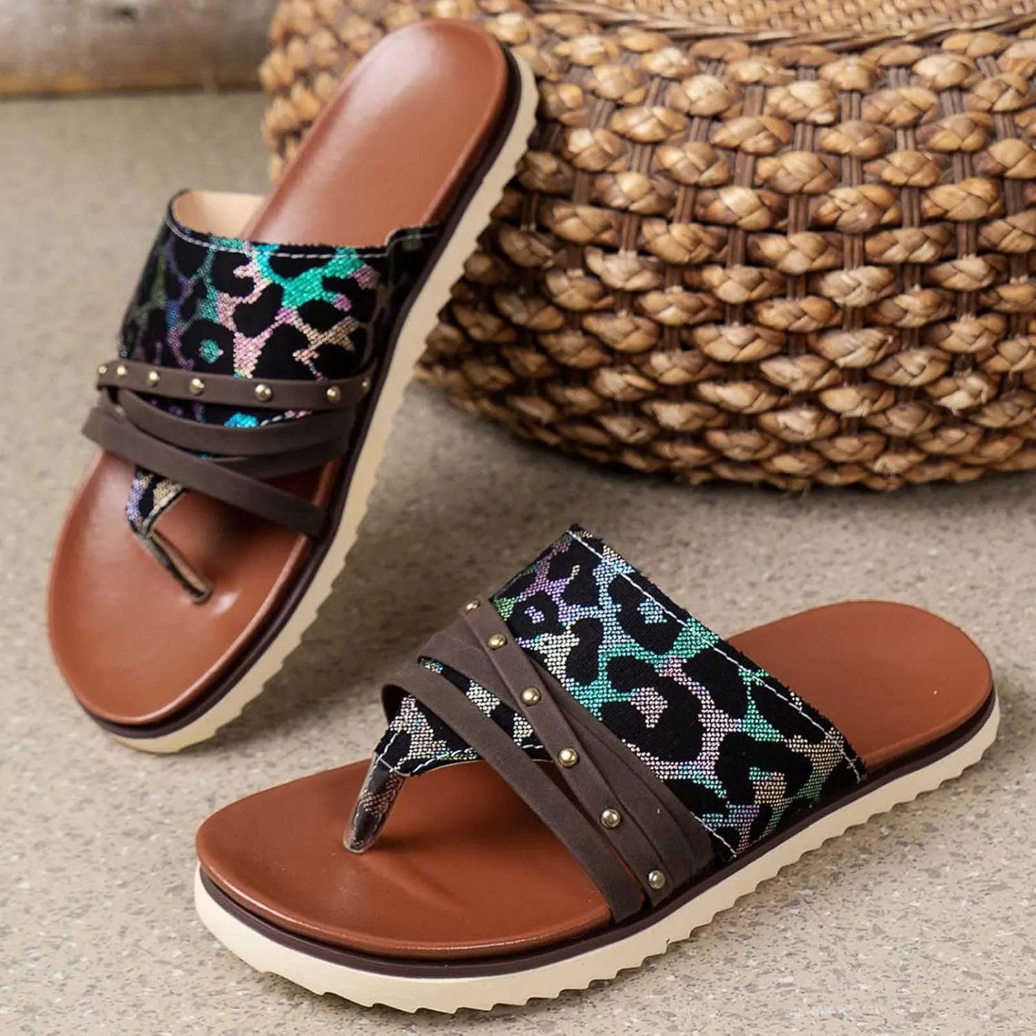 Women's Slip On Flat Sandals Summer Embroidered 2024 Fashion Open Toe Slide Sandals